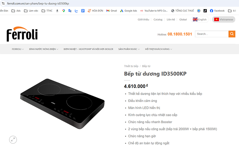 Bếp từ dương đôi Ferroli ID3500KP